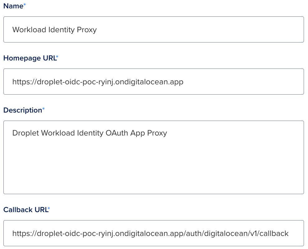 OAuth application registration form in the DigitalOcean Control Panel.